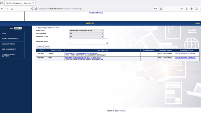 Web-based tax management app is open in a browser with a screen showing two files that are ready for review and approval.