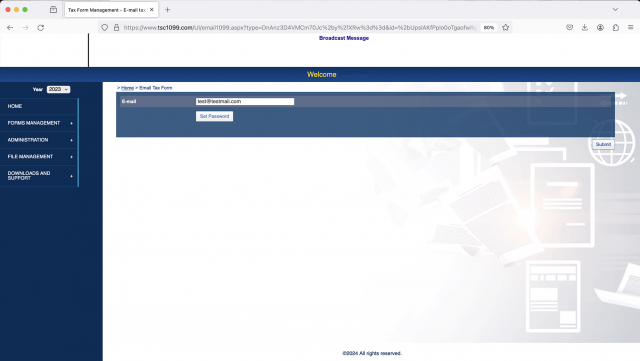 A screenshot showing the TSC1099 app open in a browser window on a page where the user can enter an email address and set the access password to send a tax form to a recipient.
