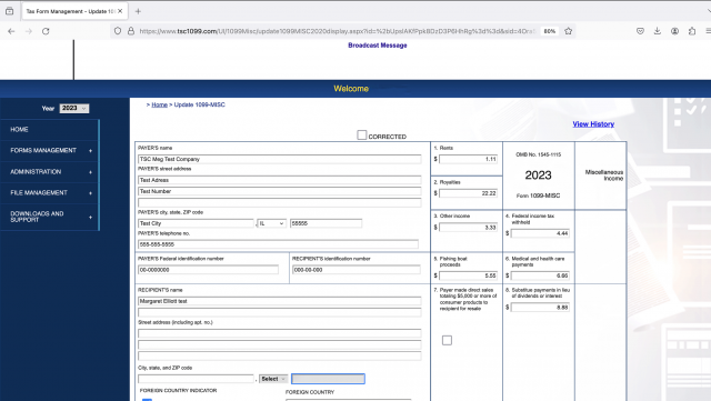 Screenshot of the TSC1099 tax app open in a browser showing a screen where the user can manually update a tax form.