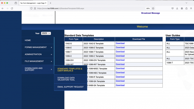 A screenshot of the ts1099 app open in a browser window. The navigation is hovering over 
